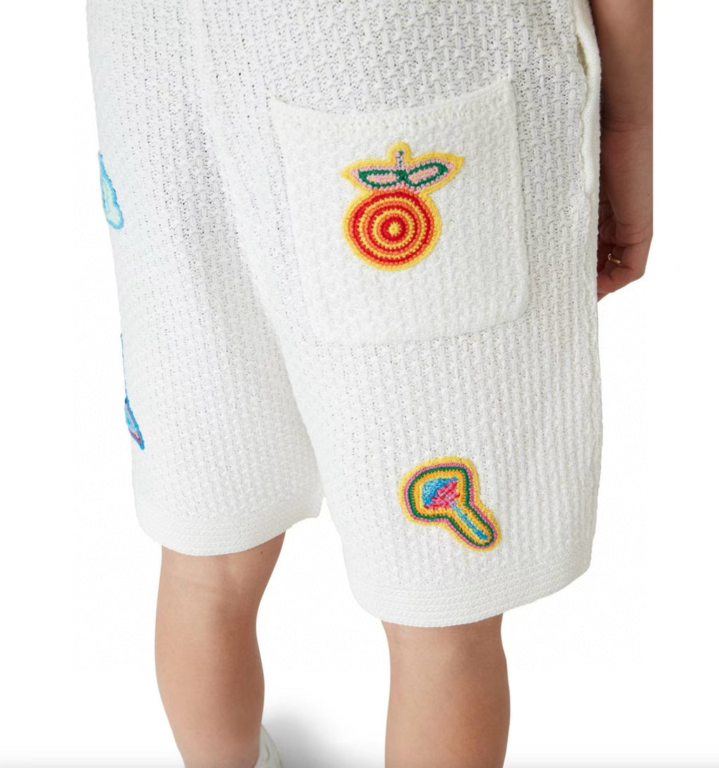 Casablanca Men's Summer Embroidered Solid-Color Cotton Loose-Fit Knit Short-Sleeve Shirt Casual Drawstring Mid-Rise Motif Crochet Shorts Suit Set Ngvp #2392
