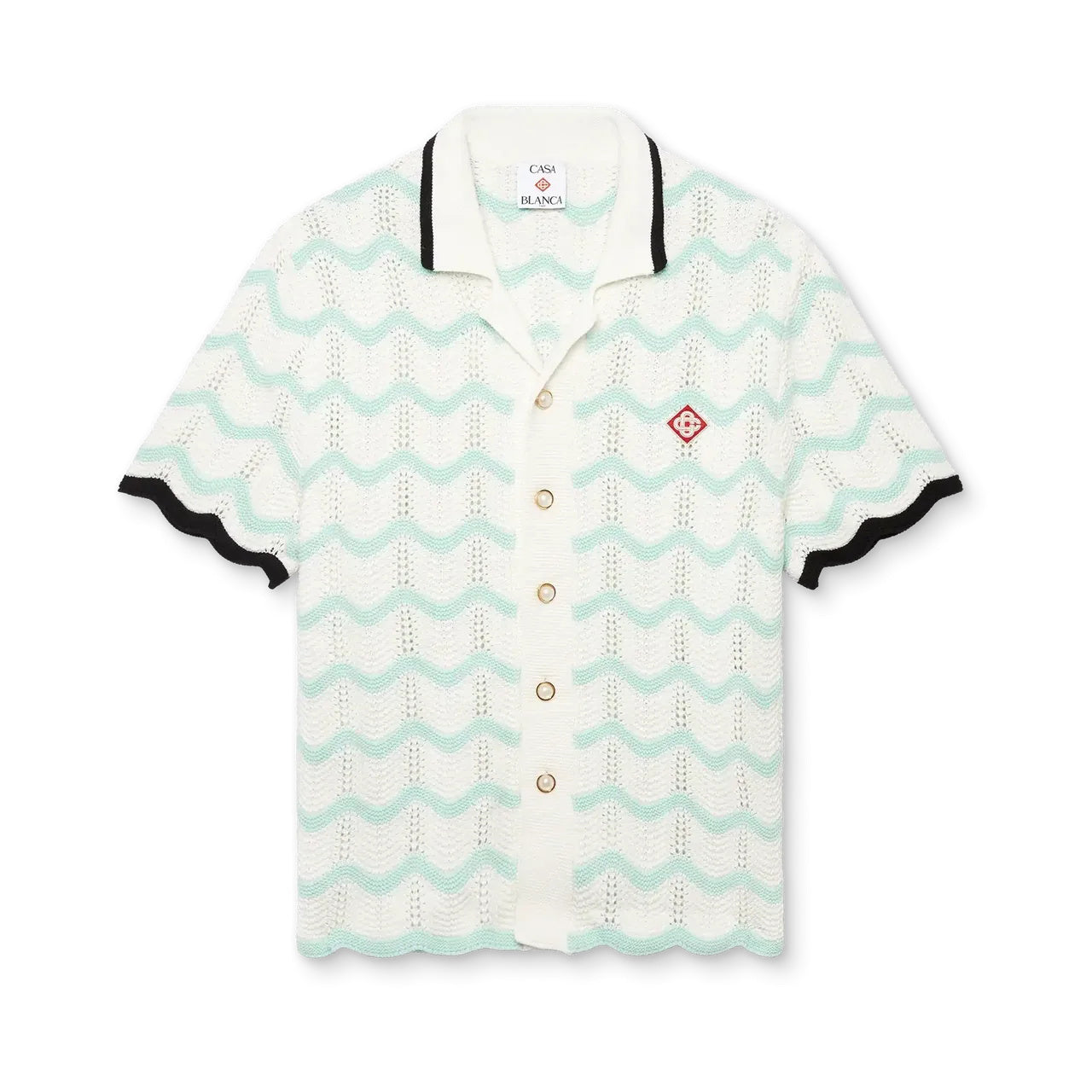 Casablanca Men's Summer Fashion Casual Knit Arch Wave Pattern Woven Pure Cotton Single Breasted Collar Shirt Waist Elastic Short Pants Suit Set #78349