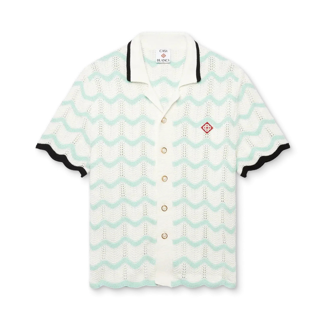 Casablanca Men's Summer Fashion Casual Knit Arch Wave Pattern Woven Pure Cotton Single Breasted Collar Shirt Waist Elastic Short Pants Suit Set #78349