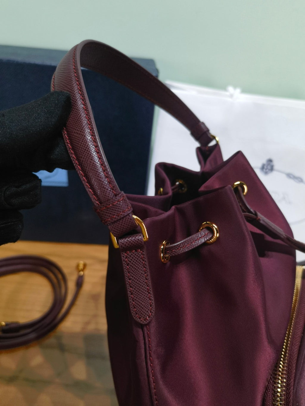 Prada Duet Recycled Nylon Bucket Bag Drawstring Closure Shoulder Bag #332667