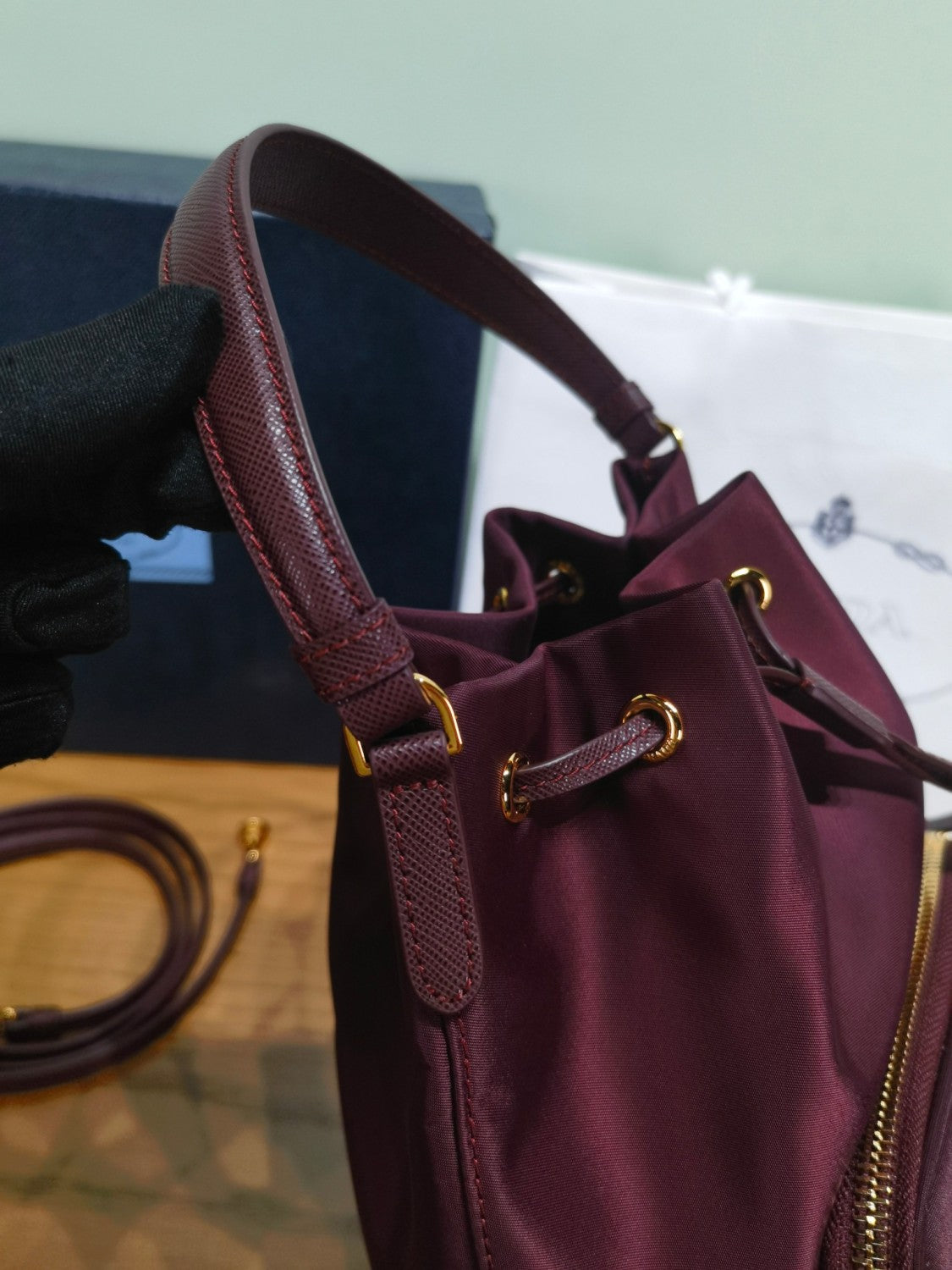 Prada Duet Recycled Nylon Bucket Bag Drawstring Closure Shoulder Bag #332667