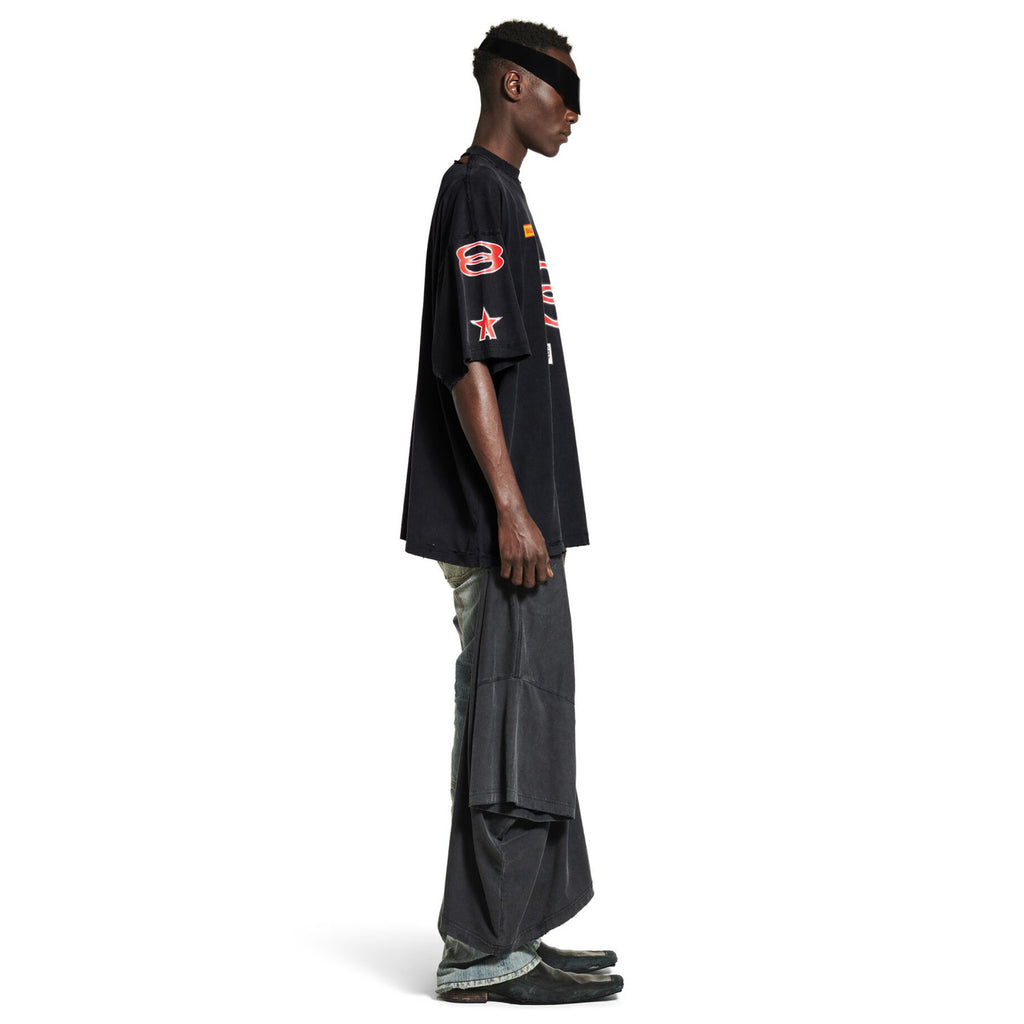 Balenciaga Men's Summer Sponsor Logos Faded Washed Black Silhouette T-shirt Straight Drawstring Casual Shorts Suit Set #81248