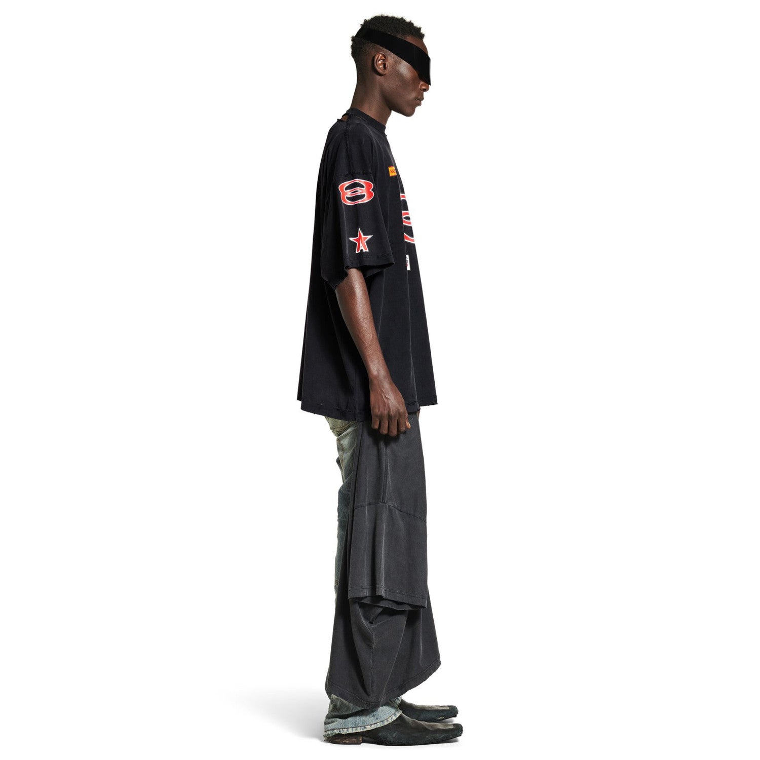 Balenciaga Men's Summer Sponsor Logos Faded Washed Black Silhouette T-shirt Straight Drawstring Casual Shorts Suit Set #81248