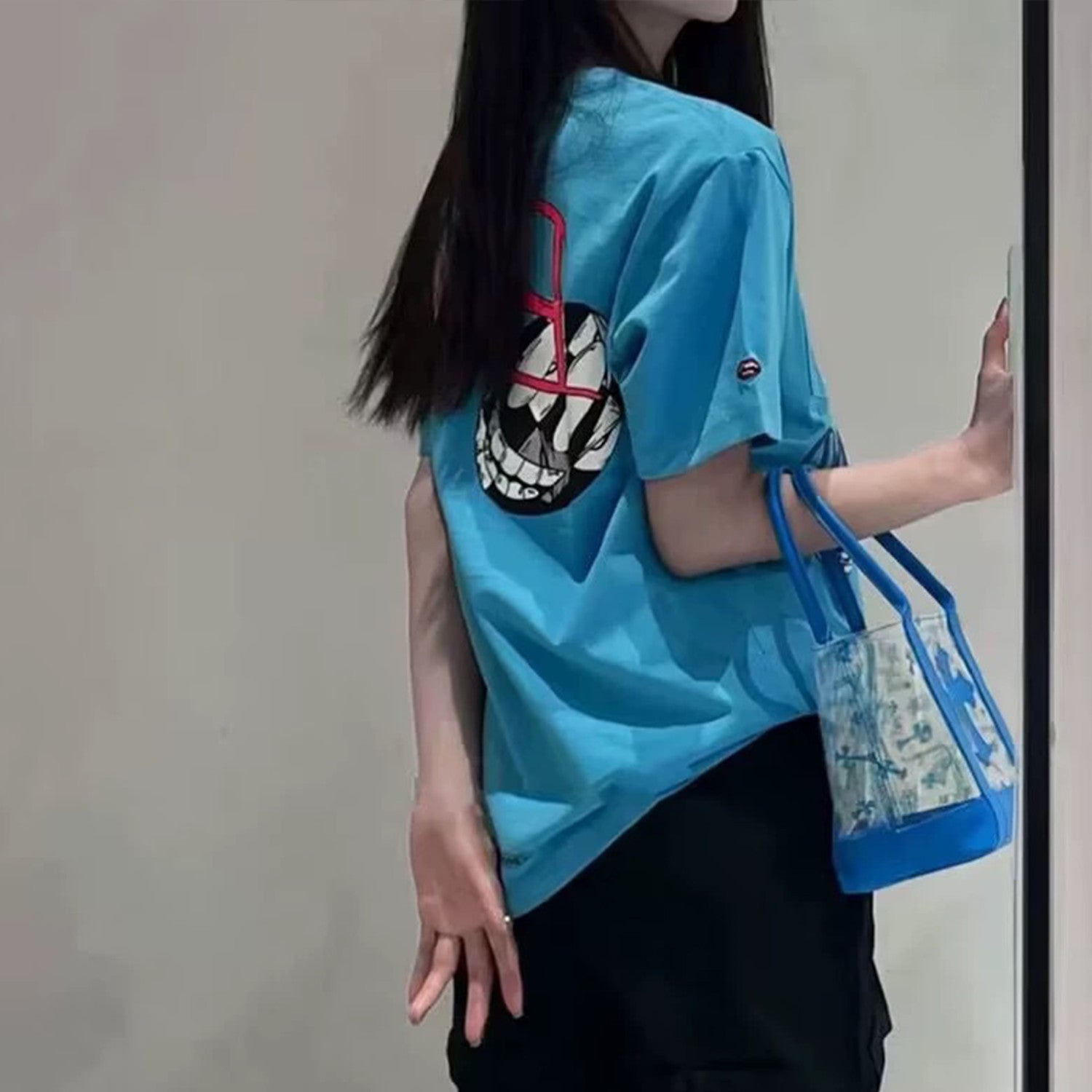 Chrome Hearts  Men's Women's Spring And Summer Fashion Letter Graffiti Blue Short Sleeve Body Shirt Round Neck Loose Casual #98726