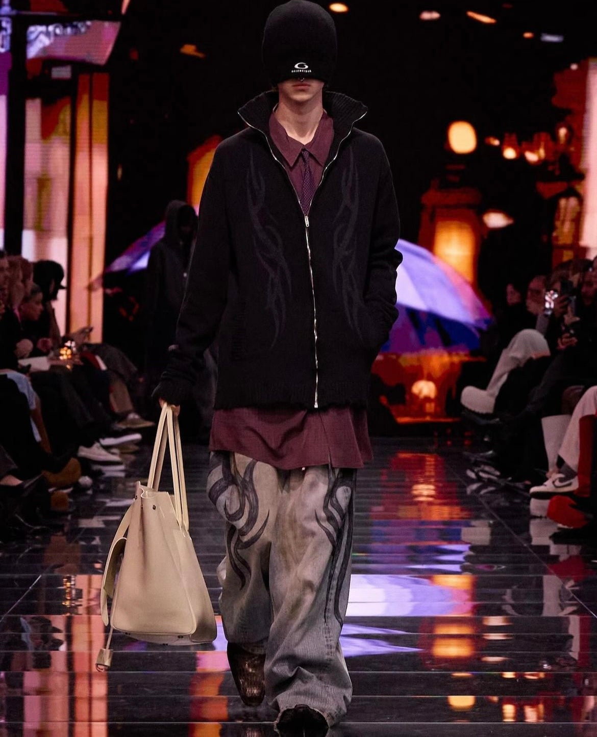 Balenciaga Men's Fall And Winter Show Models Y2k Vintage Dark Burgundy Plaid Shirt Loose Silhouette Lycra Fiber Single-breasted Lapel Shirt Jacket Ngvp #2471
