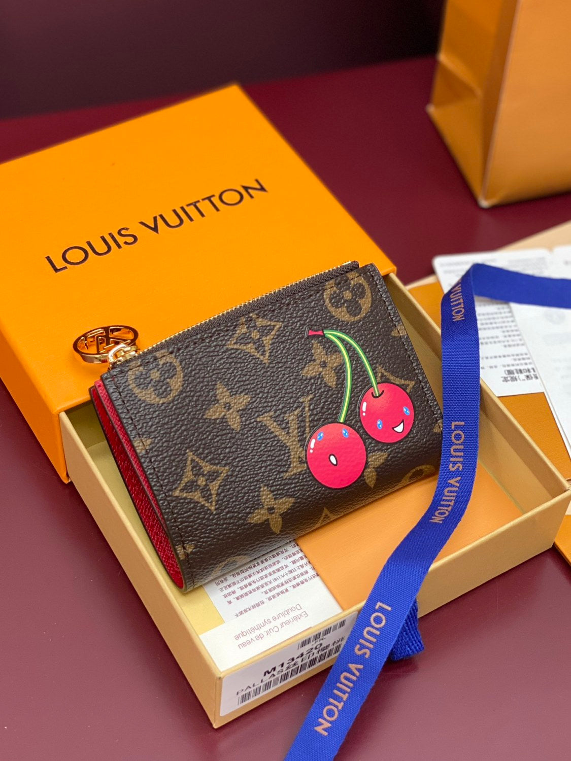 Louis Vuitton LV x TM LISA Women's Brown Letter Print Cherry Pattern Leather Wallet Bag Bags #77596