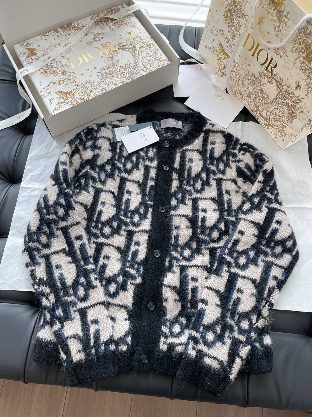 Dior Men's Spring And Fall Letters Full Print Round Neck Mohair Single Breasted Long Sleeve Knit Jacket #75119