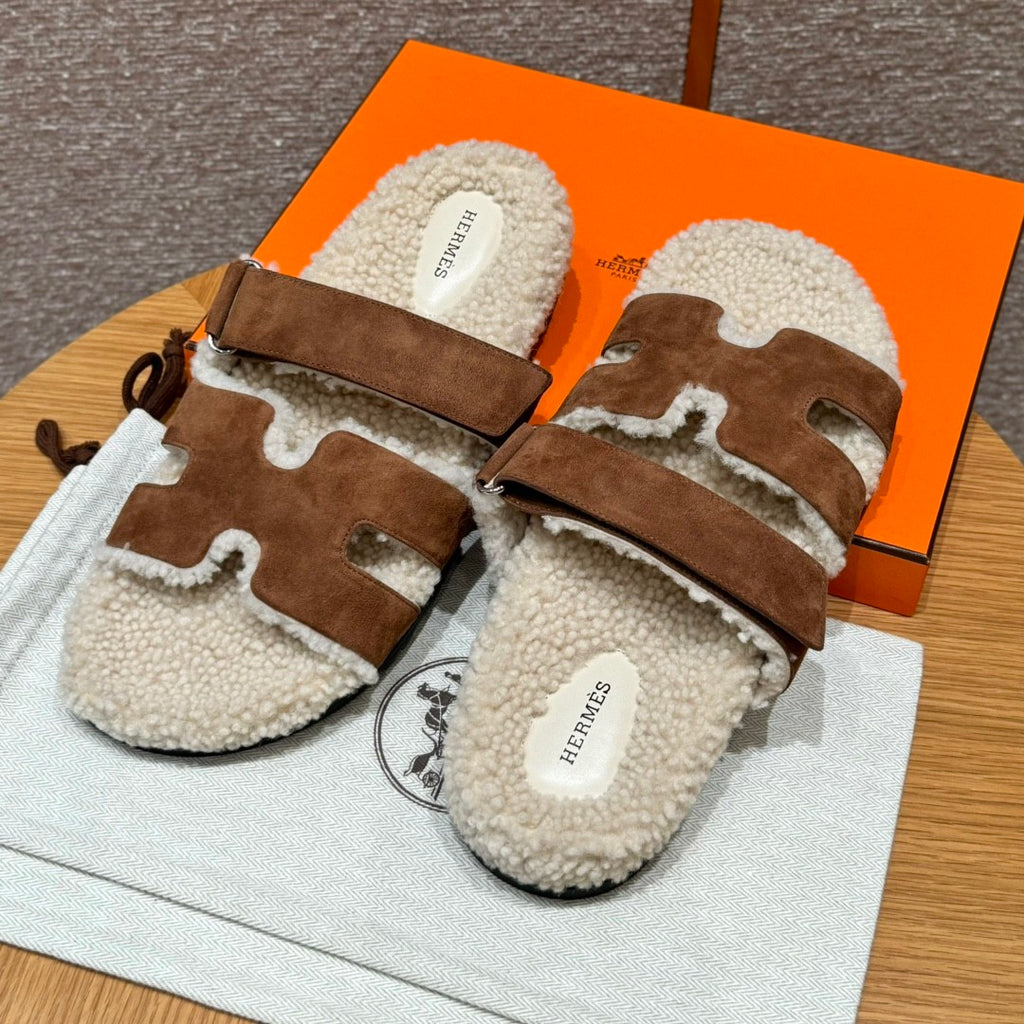 Hermes Chypre Men's And Women's Spring/Fall Fashion Casual Suede Shearling Flip Flop Sandals Shoes #78741