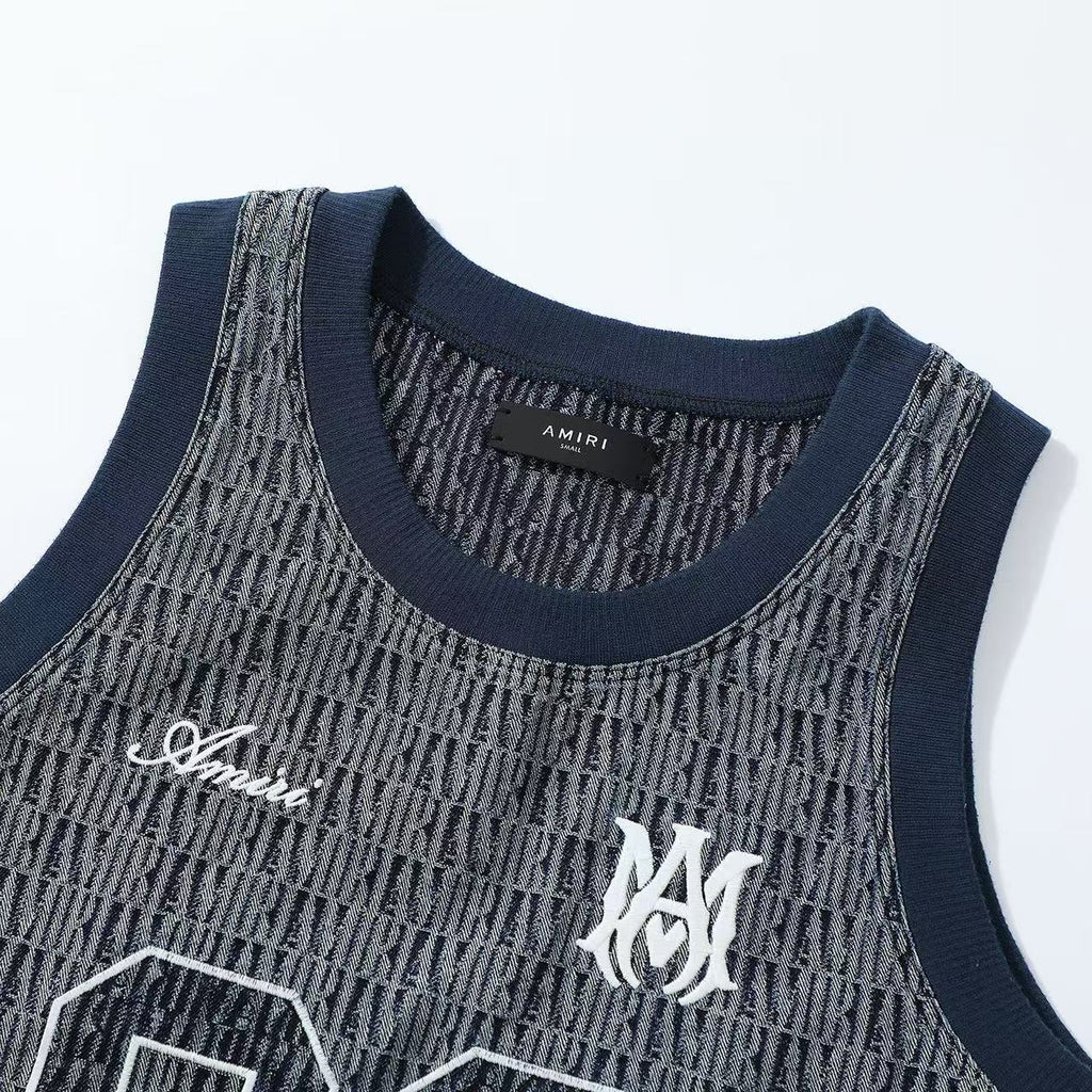 Amiri Men's Summer Blue Denim Jacquard Fabric Crew Neck Sleeveless T-Shirt #77699