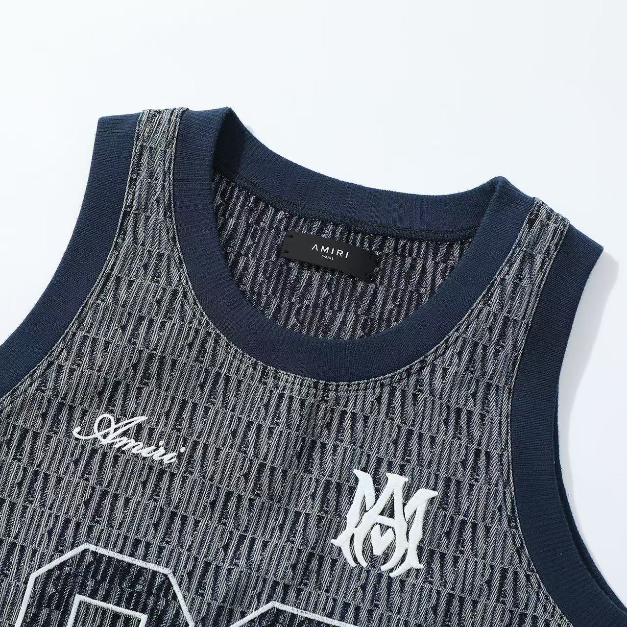 Amiri Men's Summer Blue Denim Jacquard Fabric Crew Neck Sleeveless T-Shirt #77699