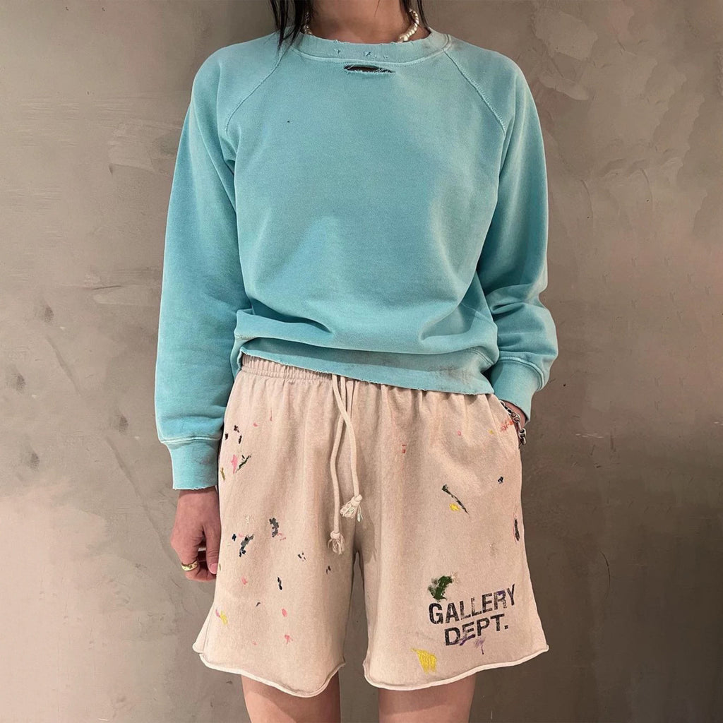 Gallery Dept Men's And Women's Splashed Ink Graffiti Rice White Shorts Retro Fashion High Street Trend Casual Elastic Waist Drawstring Shorts Pants Ngvp #9237