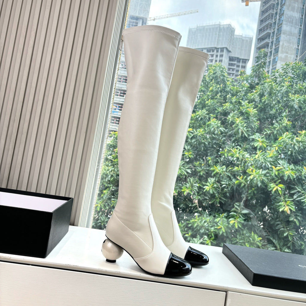 Chanel Women's Fall/winter Fashion Classic Round Toe Sheepskin Double C Oversized Pearl Heel Stretch Mid Calf Boots Long Boots Shoes #78546