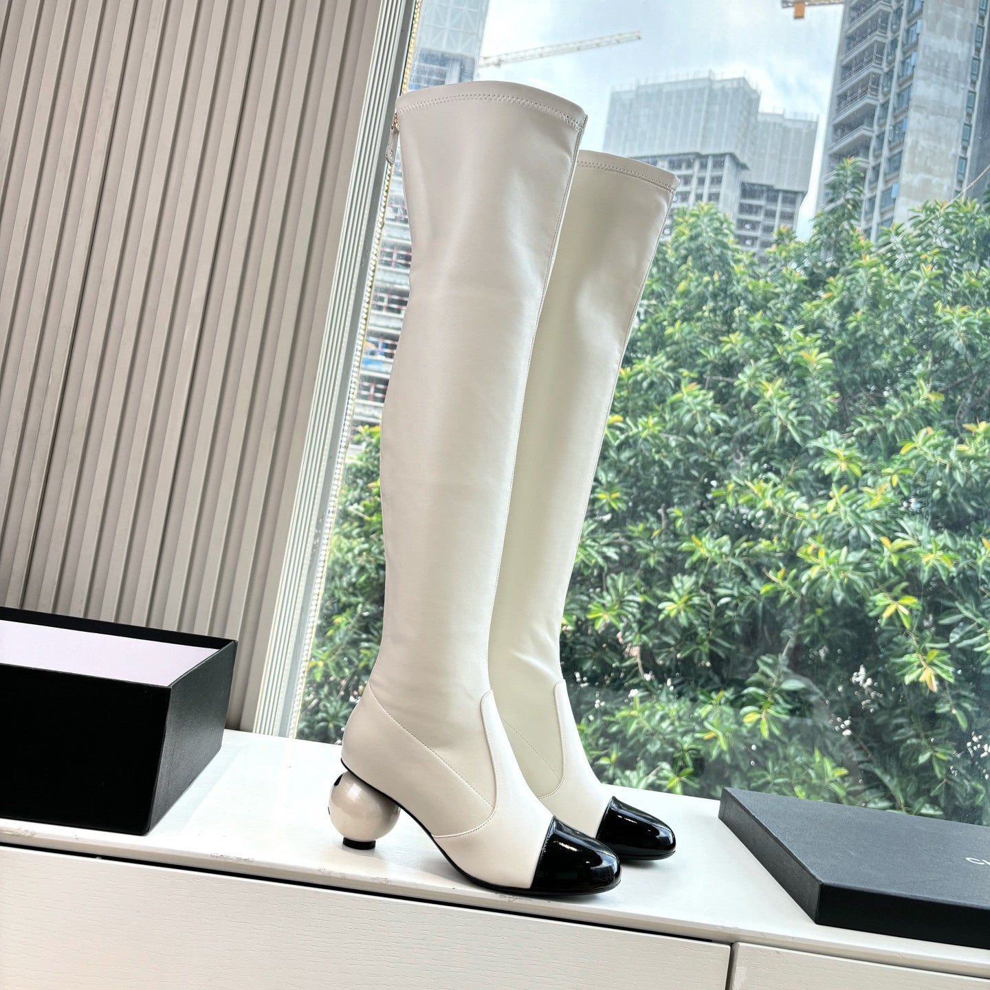 Chanel Women's Fall/winter Fashion Classic Round Toe Sheepskin Double C Oversized Pearl Heel Stretch Mid Calf Boots Long Boots Shoes #78546