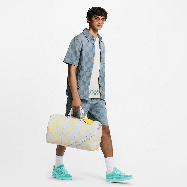 Louis Vuitton Men's Summer Blue Logo Printed Lapel Single Breasted Denim Short Sleeve Shirt Straight Jeans Shorts Set Suit #76984