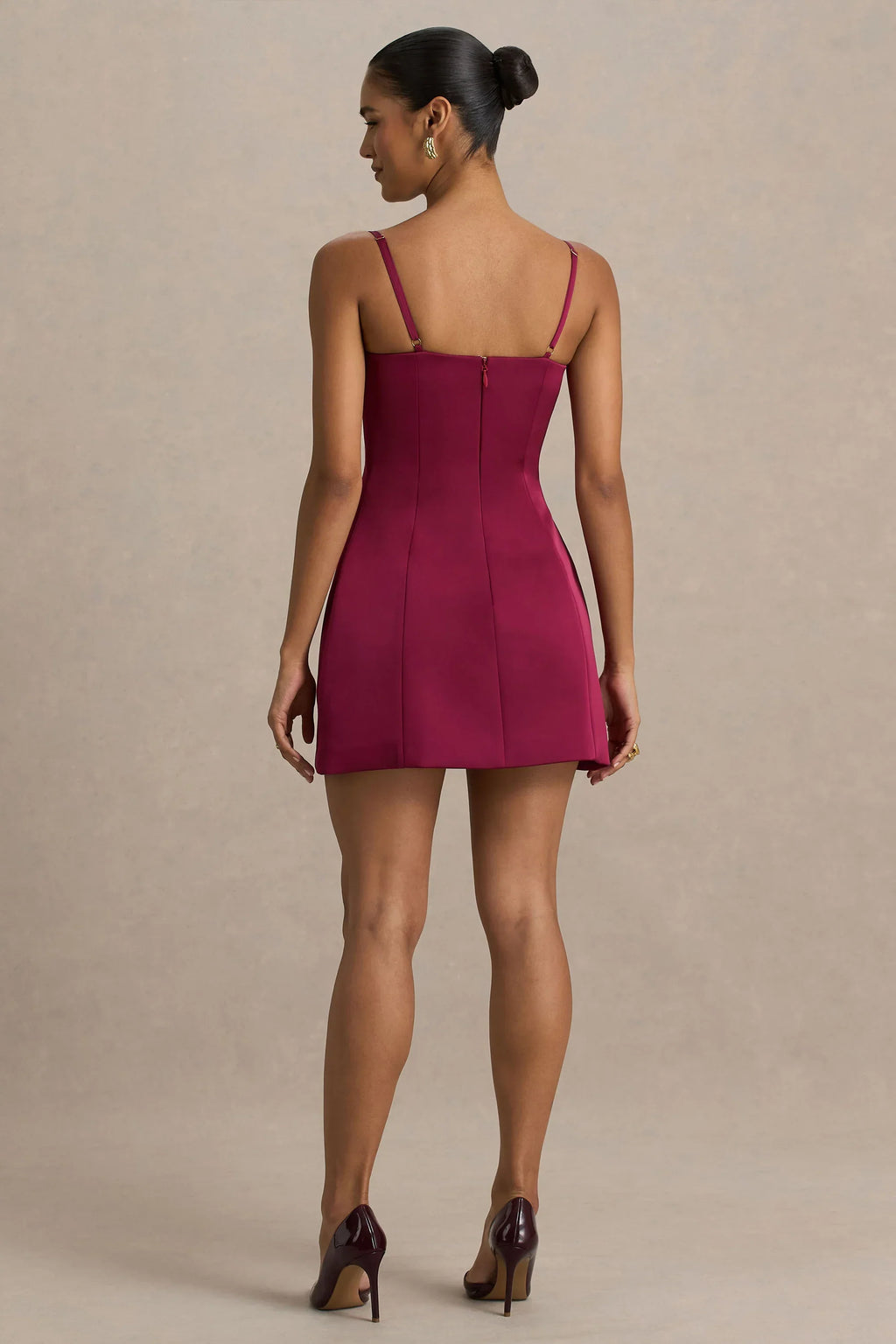 Elara | Burgundy Satin Plunge-Neck Mini Dress
