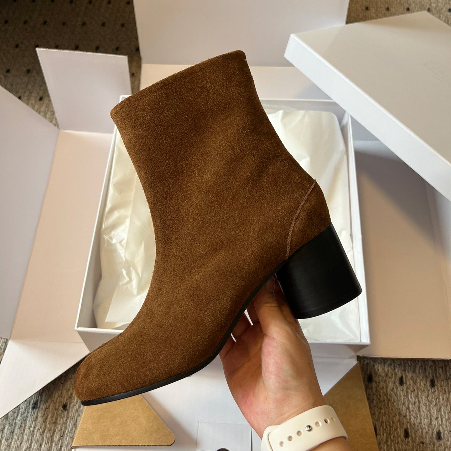 Maison Margiela Women's Fall/Winter Casual Fashion Round Toe Leather Solid Color Chunky Heel Split Toe Ankle Boots Shoes #78645