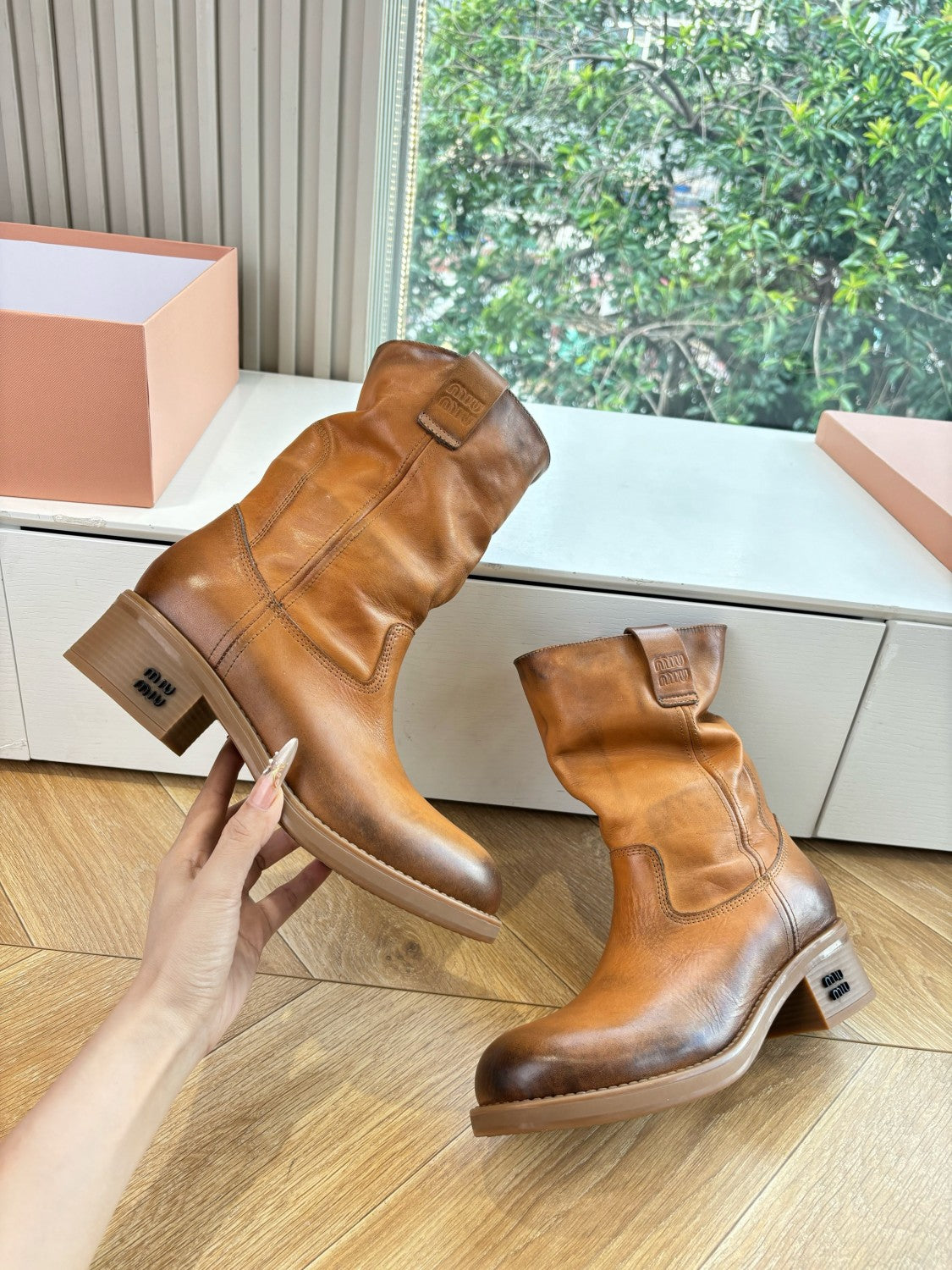 MiuMiu Women's Fall/Winter Fashion Classic Solid Color Leather Round Toe Slip On Chunky Heel High Top Biker Style Boots Shoes #79484