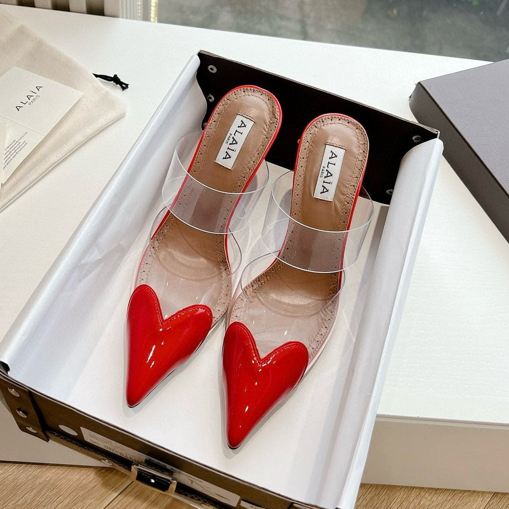 Alaia Women's Summer Fashion Elegant Pointed Toe Heart Shaped Mule Stiletto Leather Sole High Heels #78328