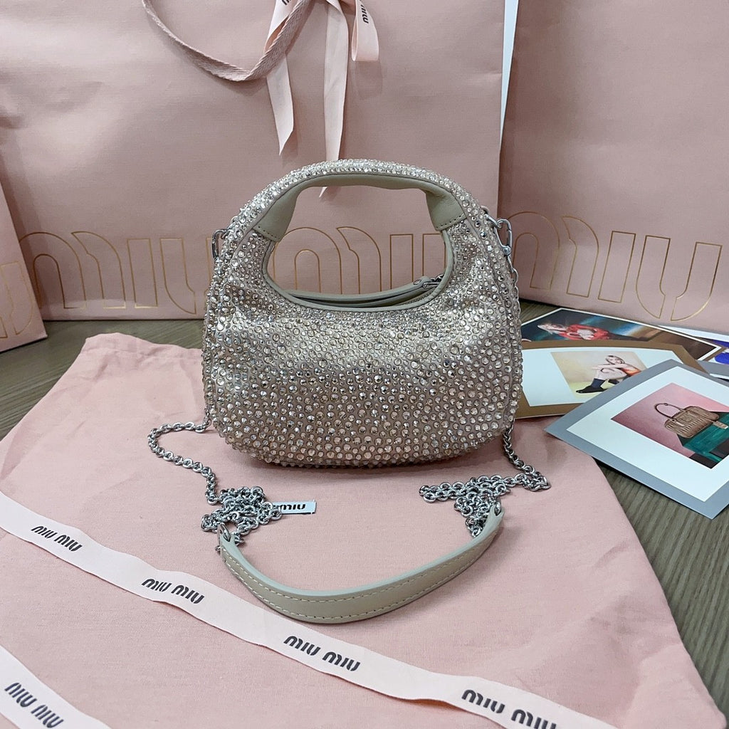 MiuMiu Wander Women's Metal Engraved Logo Detachable Chain Shoulder Strap Faux Crystal Embellished Shoulder Slanting Handbag Bag Bags #76744