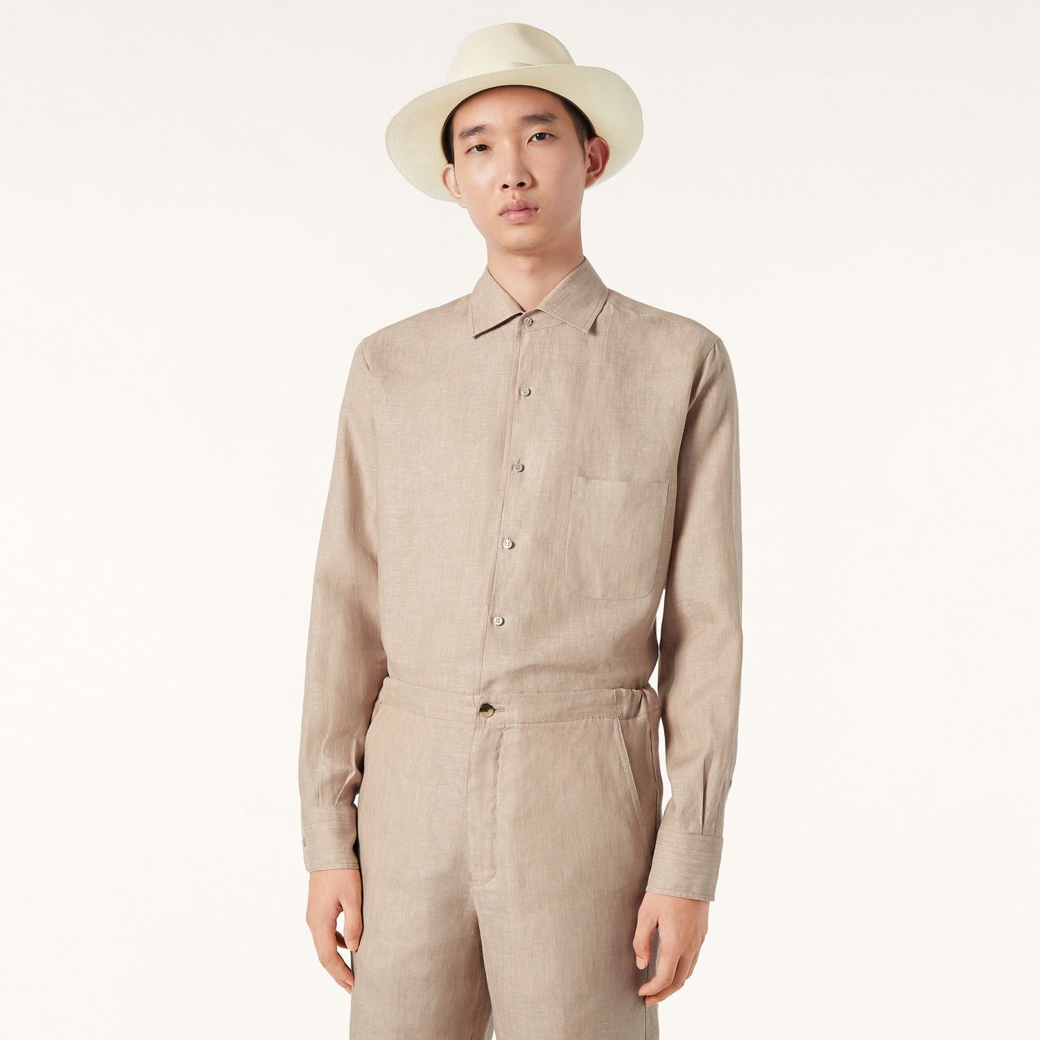 Loro Piana Men's Spring/Fall Fashion Classic Solid-Color Collared Single-Button Linen Shirt #78636