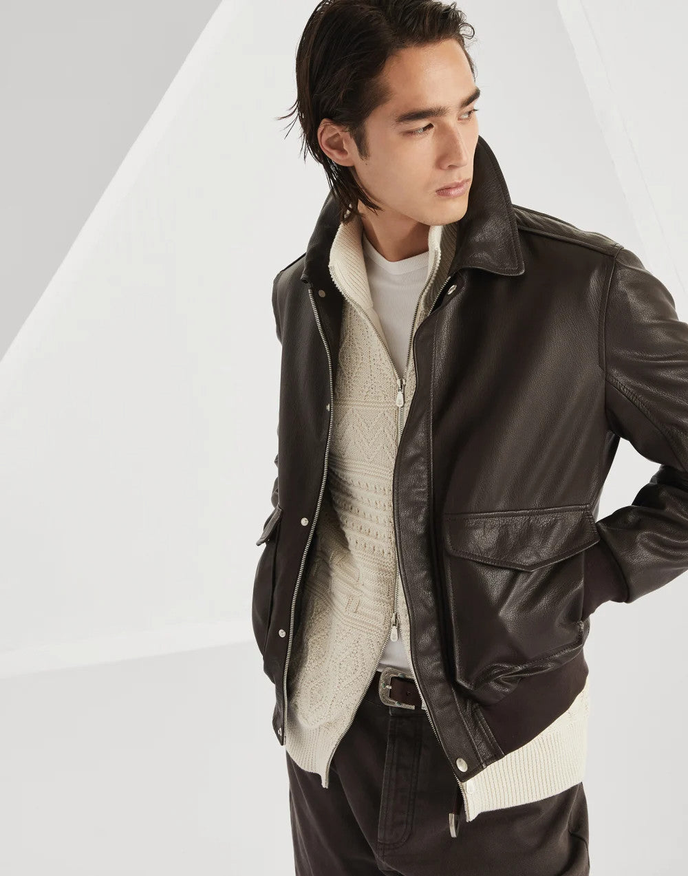 Brunello Cucinelli Men's Spring/Autumn Sheepskin Solid Color Zipper Collar Long Sleeve Grained Leather Aviator Jacket Ngvp #2286