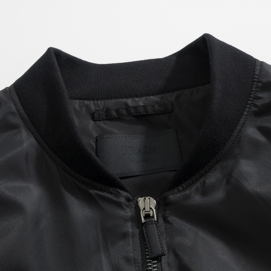 Prada Men's Spring And Fall Black Nylon Zipper Baseball Collar Aviator Jacket #72583