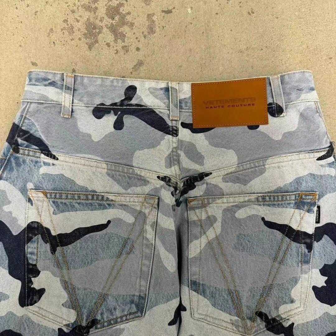 Vetements Men's Four Seasons Fashion Snow Camouflage Blue Casual Button Fitted Straight Leg Denim Pants Ngvp #8643