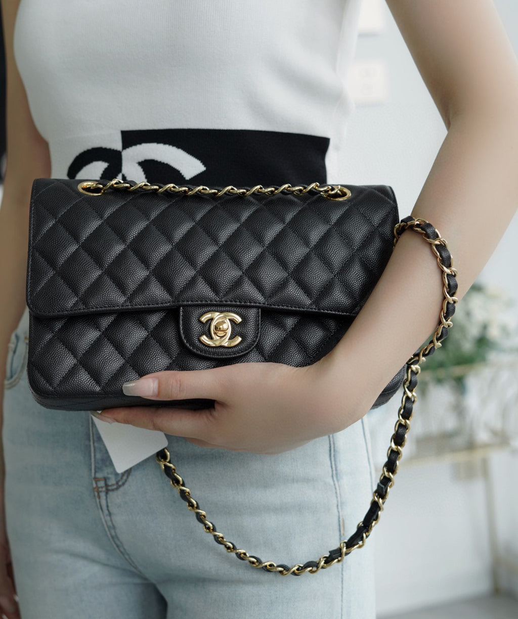 Chanel Women Classic Flap Solid Color Particle Embossed Calfskin Chain Bag Mouth Cover Bag Casual Shoulder Bags CF #71675