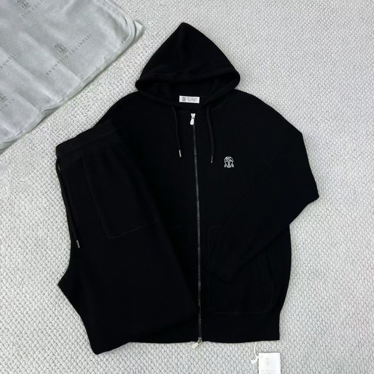 Brunello Cucinelli Men's Spring/autumn Fashion Casual Solid Color Logo Zipper Hoodie Ribbed Cotton Knit Pants Zipper Cuffs Suit Set #78353