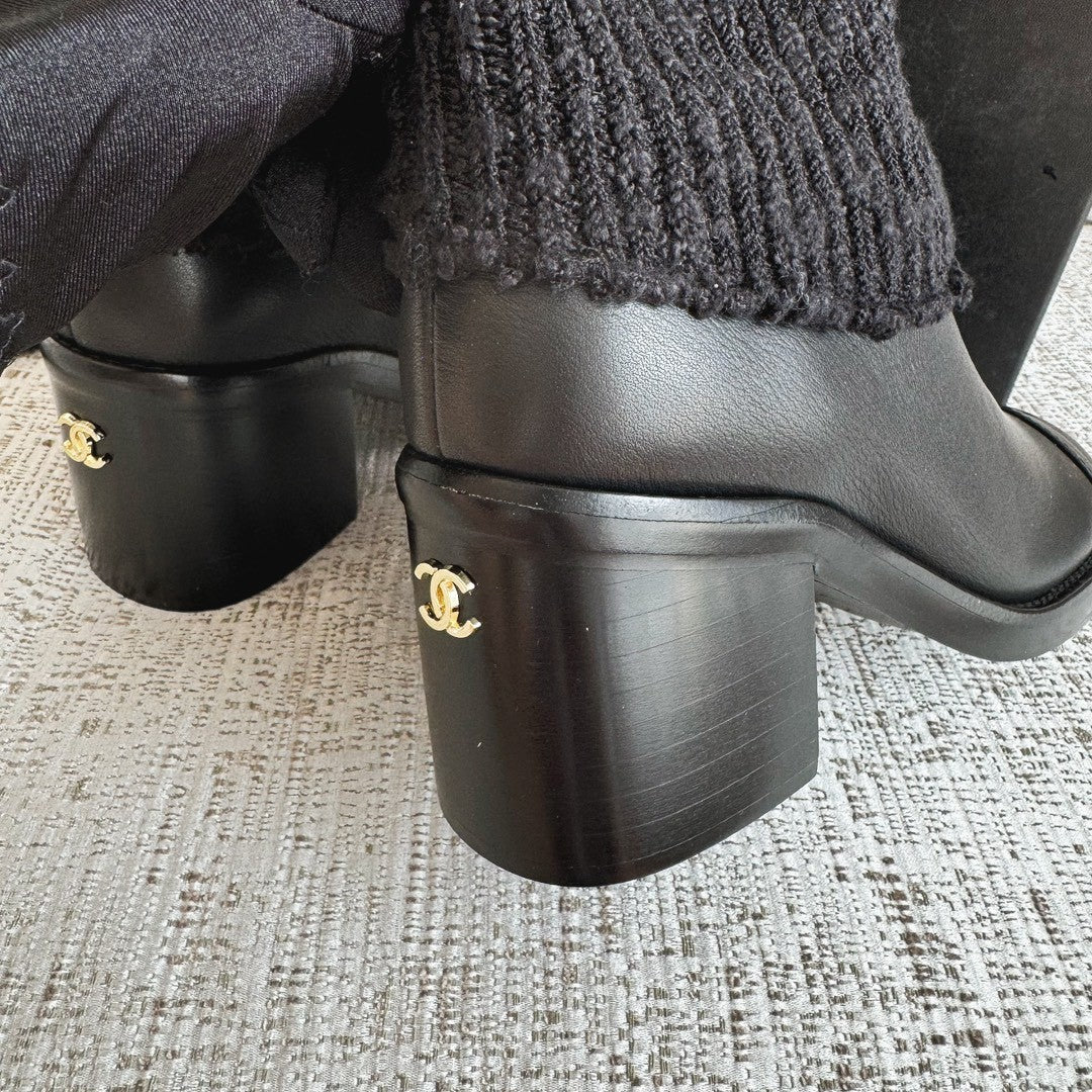 Chanel Women's Fall/winter Fashion Casual Round Toe Slip On Leather Cashmere Loop Cuff Mid Calf Boots Shoes #78536