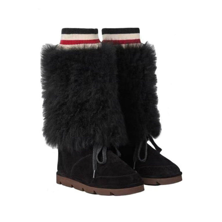 Brunello Cucinelli Women's Fall/Winter Suede Cowhide Rabbit Fur Round-Toe Zipper Lined Lamb Wool High-Top Boots Casual Solid-Color Snow Boots Shoes #81588