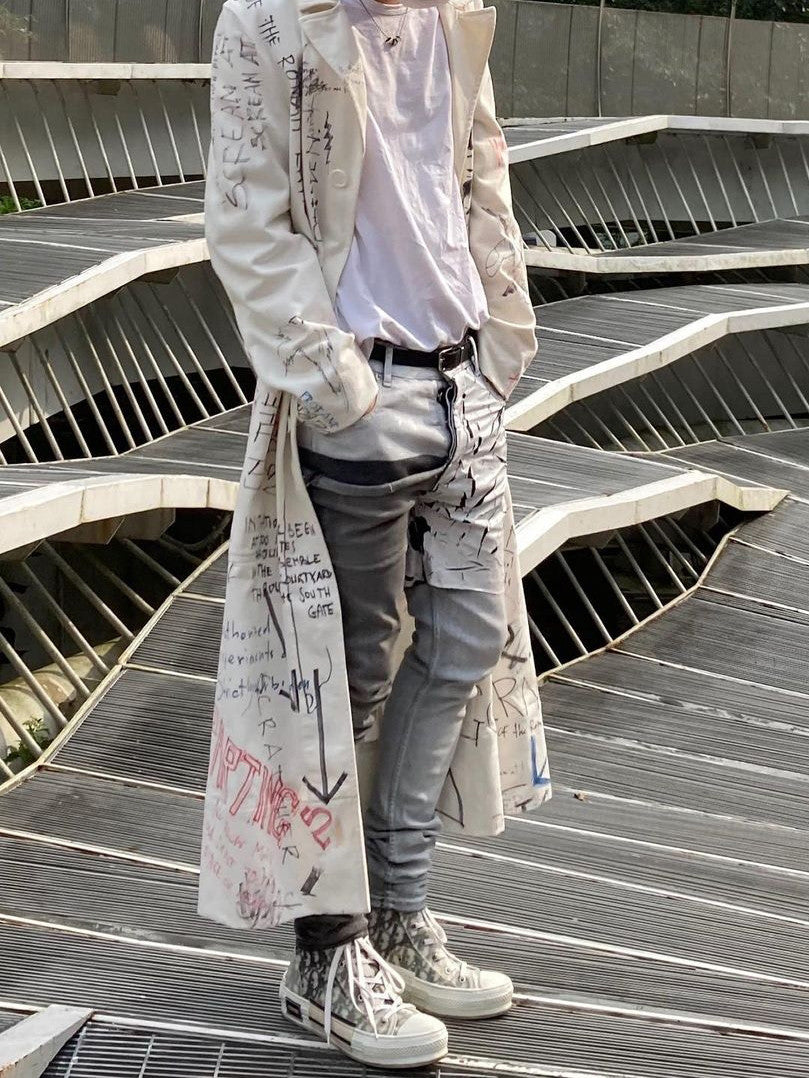 Raf Simons Men's Spring And Autumn Hand-painted Graffiti Long Trench Coat Jacket High Street Trend Hip-hop Personality Trench Coat Ngvp #1659