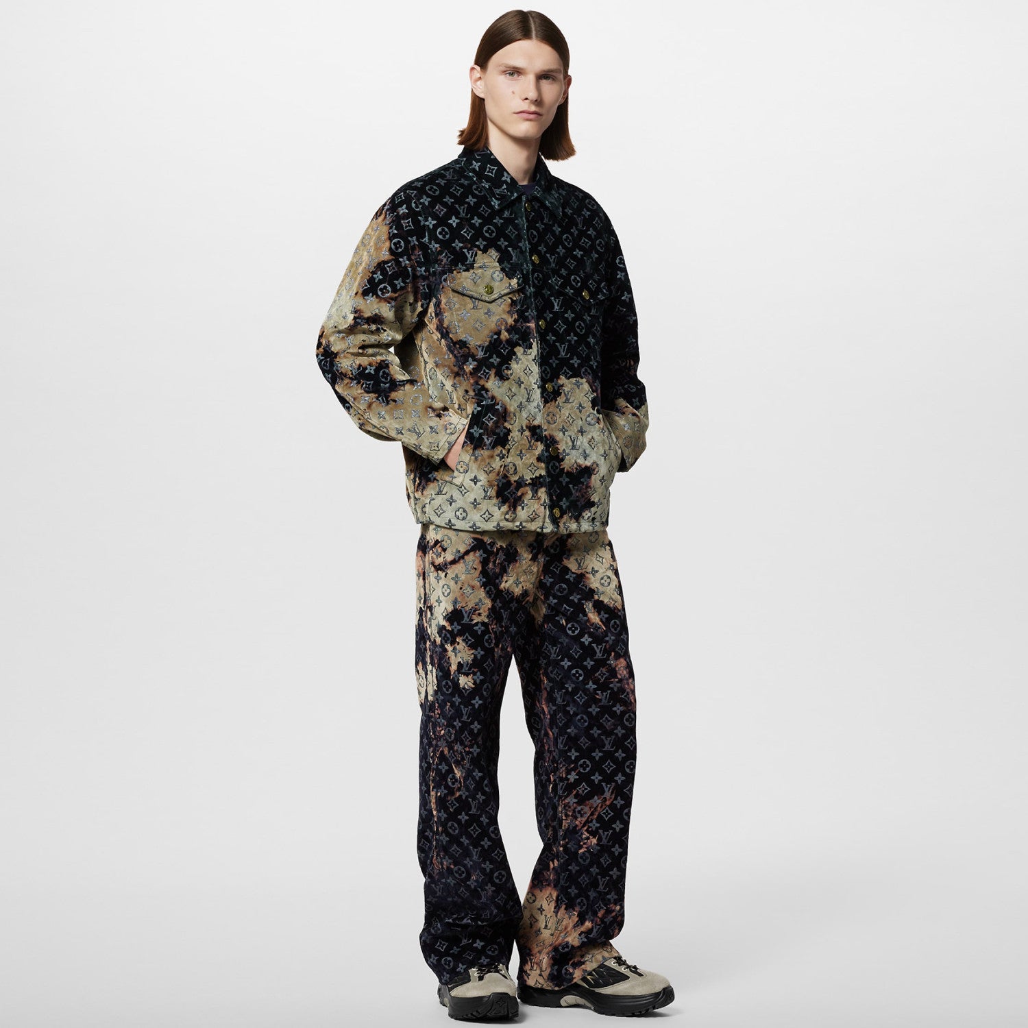 Louis Vuitton Men's Autumn and Winter Pattern Printed Lapel Single Breasted Denim Jacket Jeans Pants Set Suit #97775