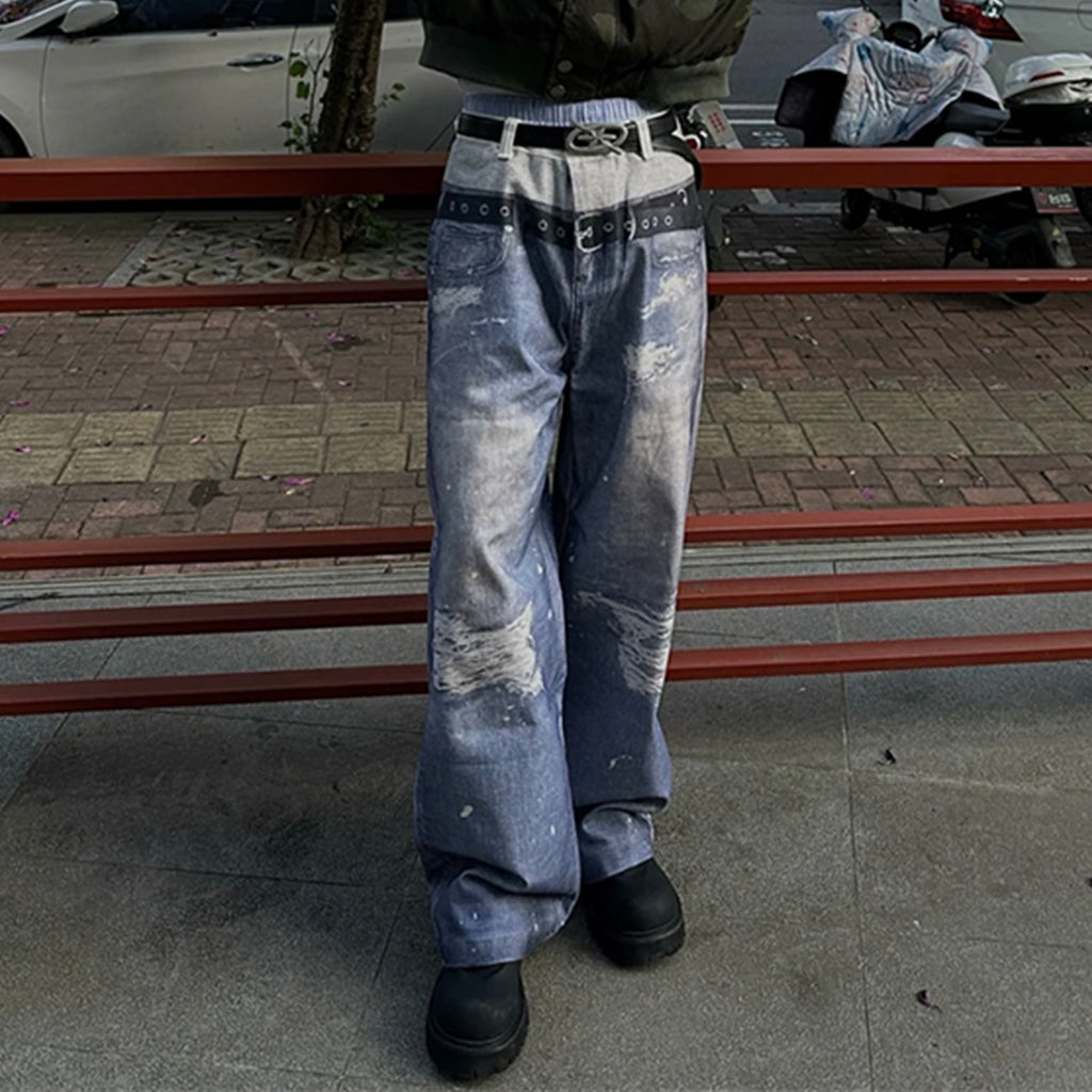 GRAILZ Project G/R   Men's Printed Denim Pants Old High Street Vintage Jeans Loose Wide Leg Straight Trousers #81387
