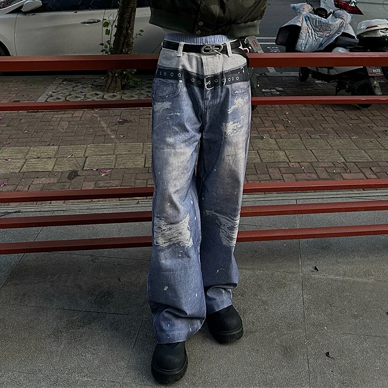 GRAILZ Project G/R   Men's Printed Denim Pants Old High Street Vintage Jeans Loose Wide Leg Straight Trousers #81387