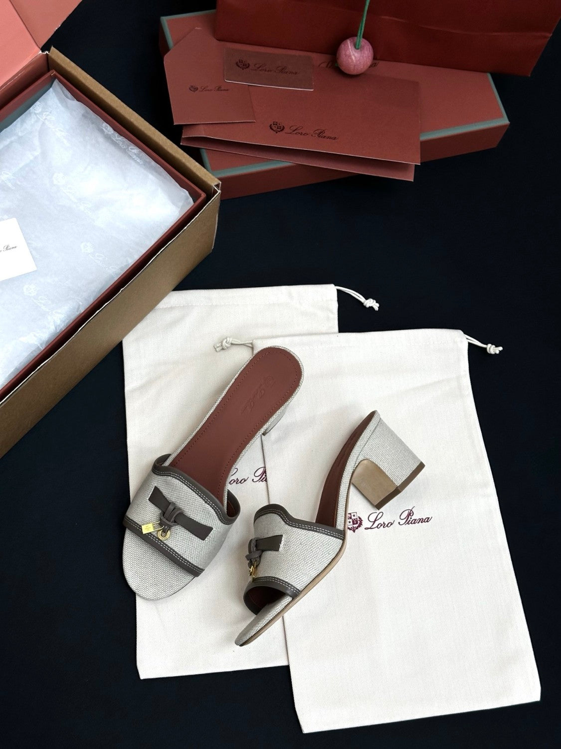 Loro Piana Linen Pendant High Heel Sandals Slippers #381477