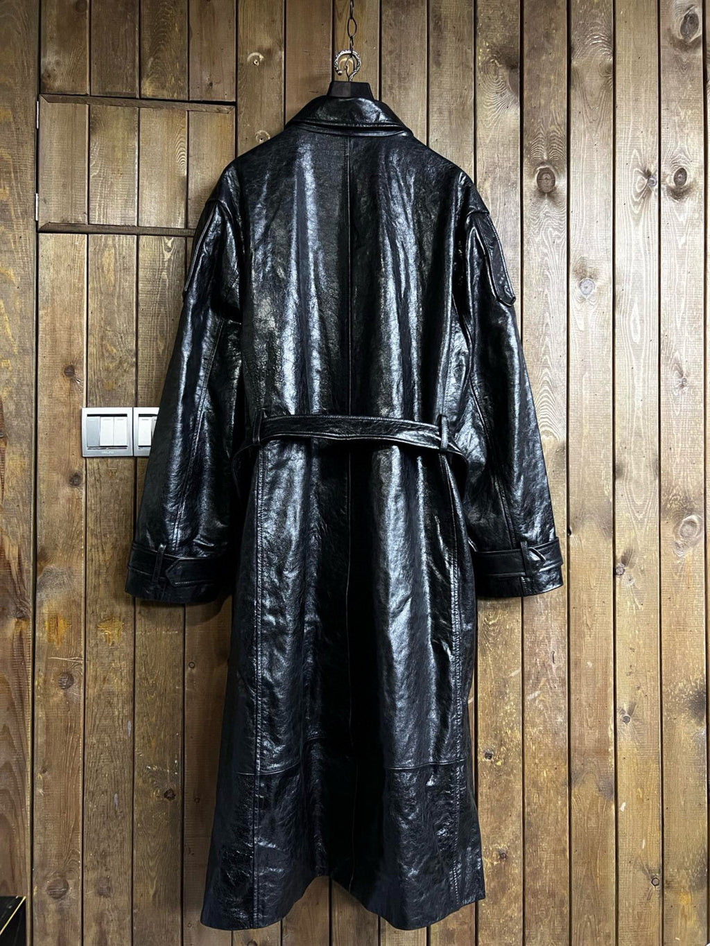 424 Men's Autumn and Winter Leather Belted Single Breasted Pants Long Sleeve Coat Jacket #99317