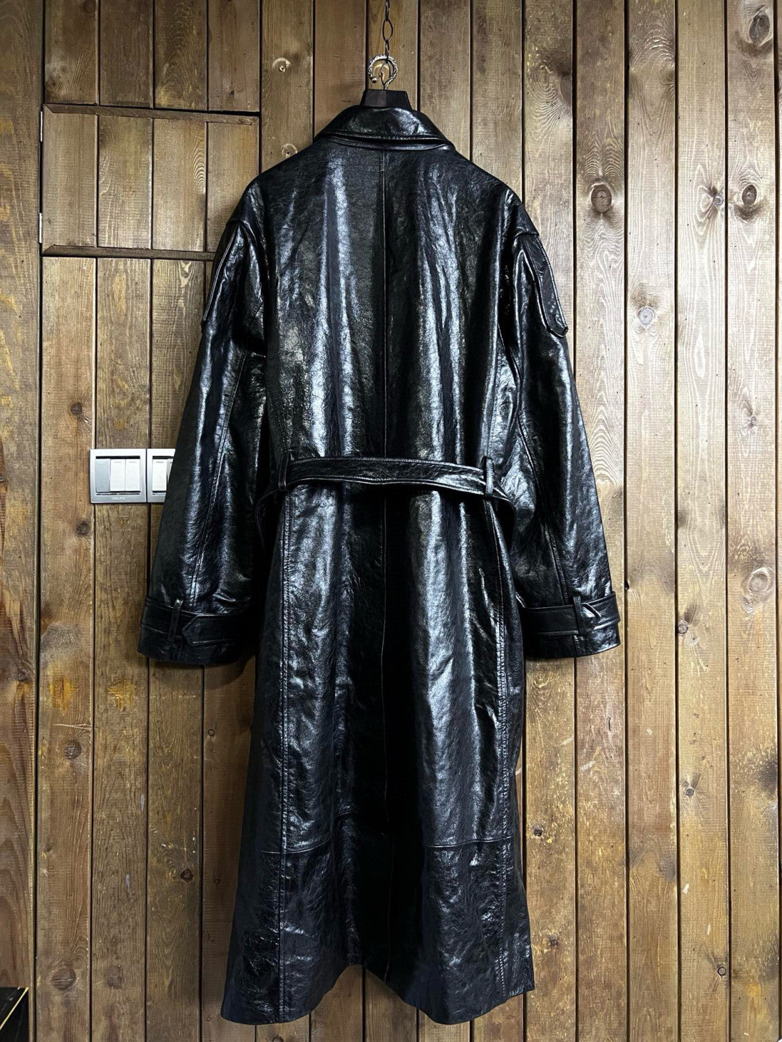 424 Men's Autumn and Winter Leather Belted Single Breasted Pants Long Sleeve Coat Jacket #99317