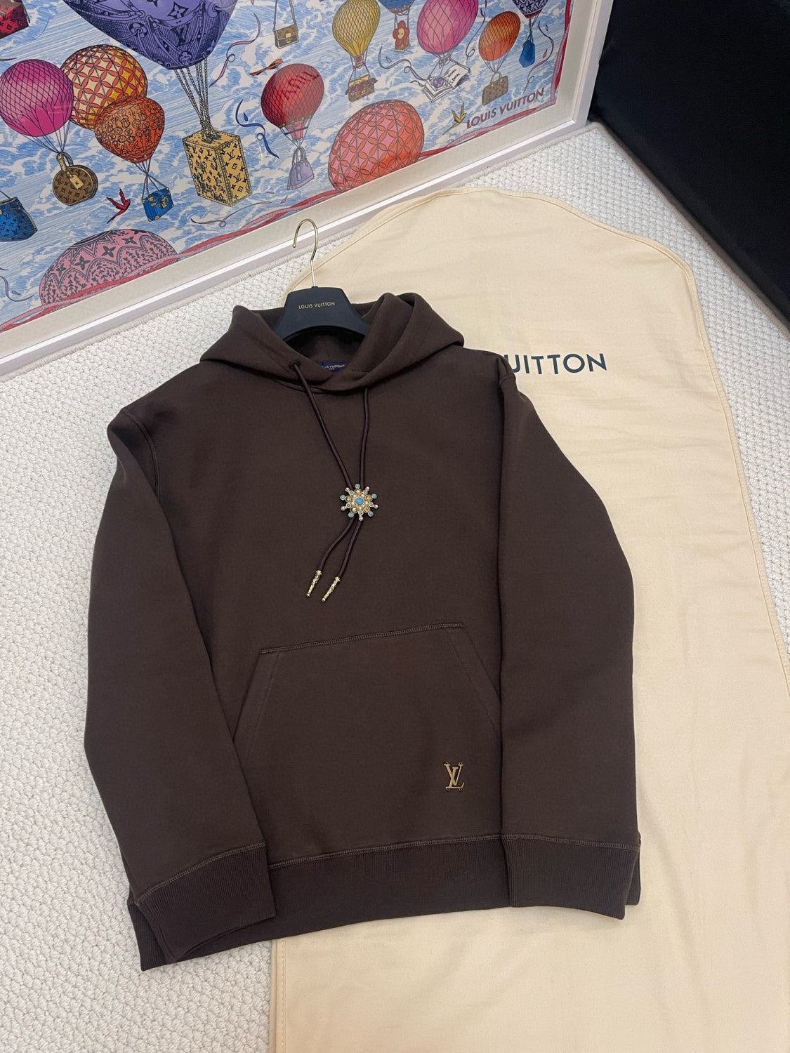 Louis Vuitton Men's Spring & Autumn Solid Color Logo Print Drawstring Hooded Sweatshirt #75431
