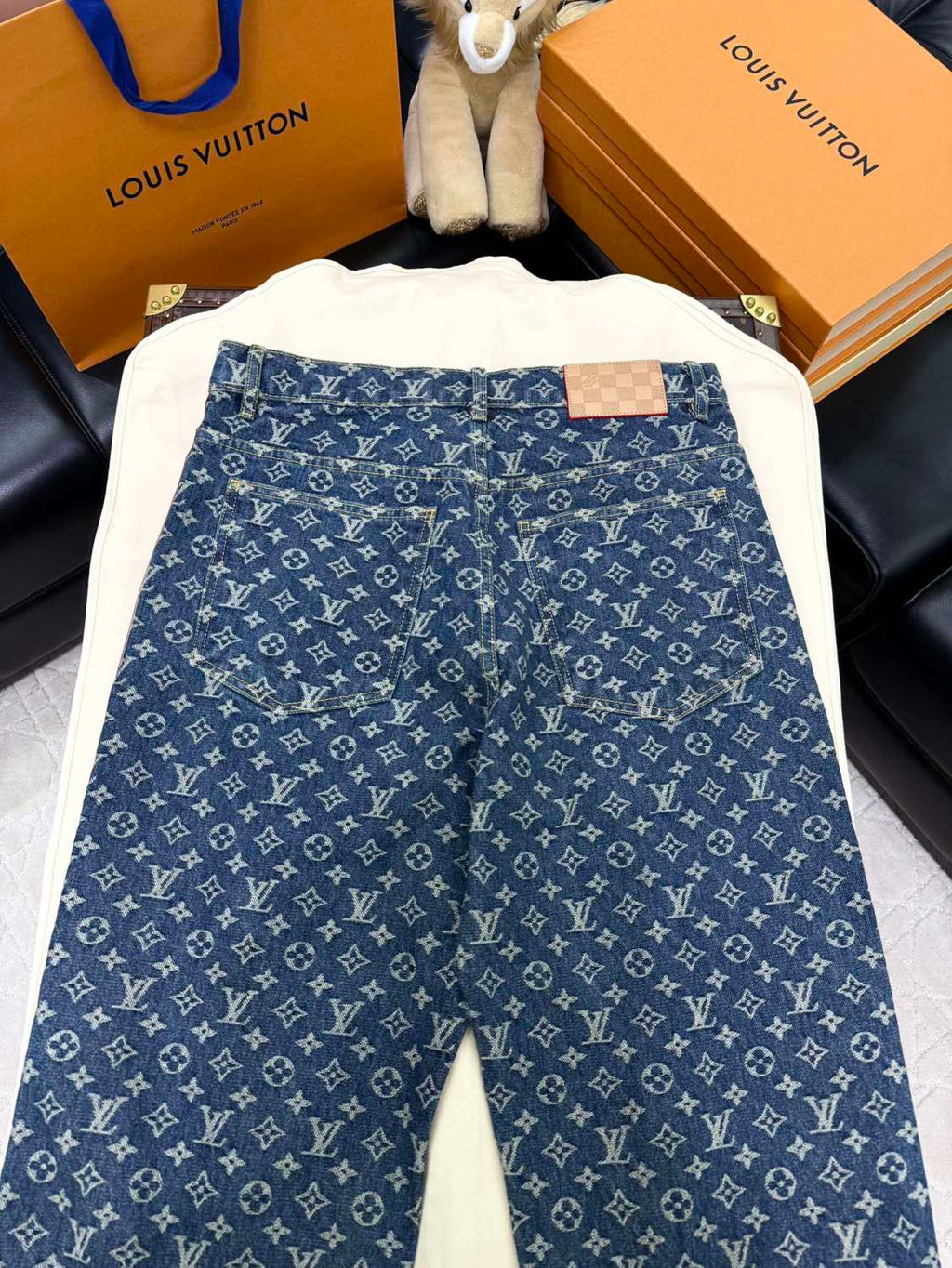 Louis Vuitton Men's Spring and Autumn Blue Cotton Monogrammed Full Print Jeans Pants #74415