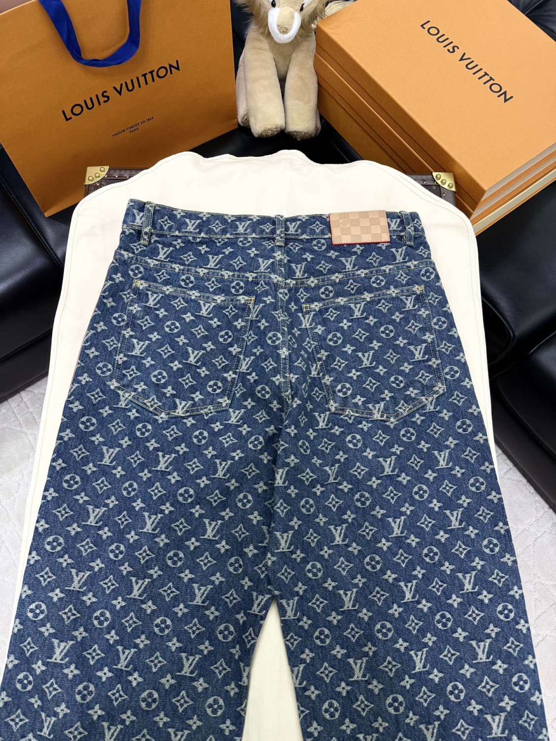 Louis Vuitton Men's Spring and Autumn Blue Cotton Monogrammed Full Print Jeans Pants #74415