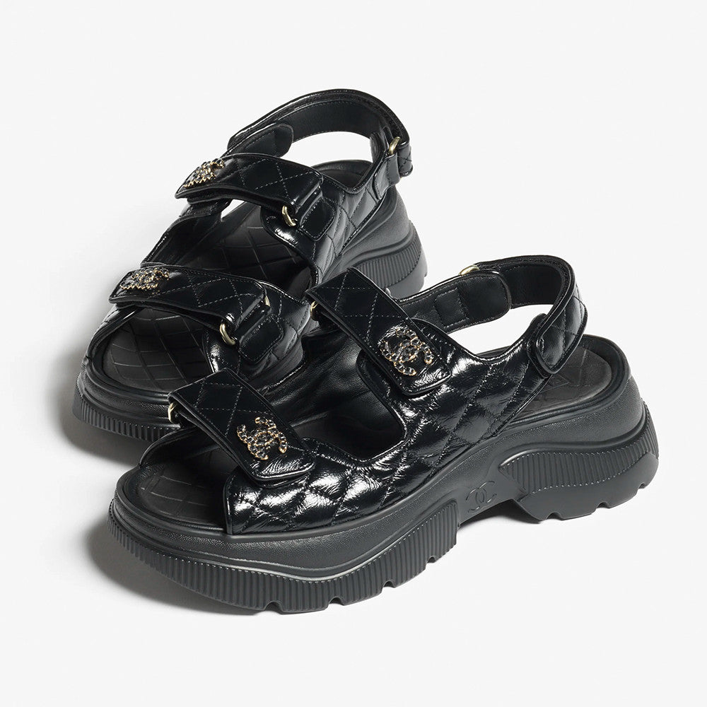 Chanel Sandals Shiny Calfskin Black White #376185