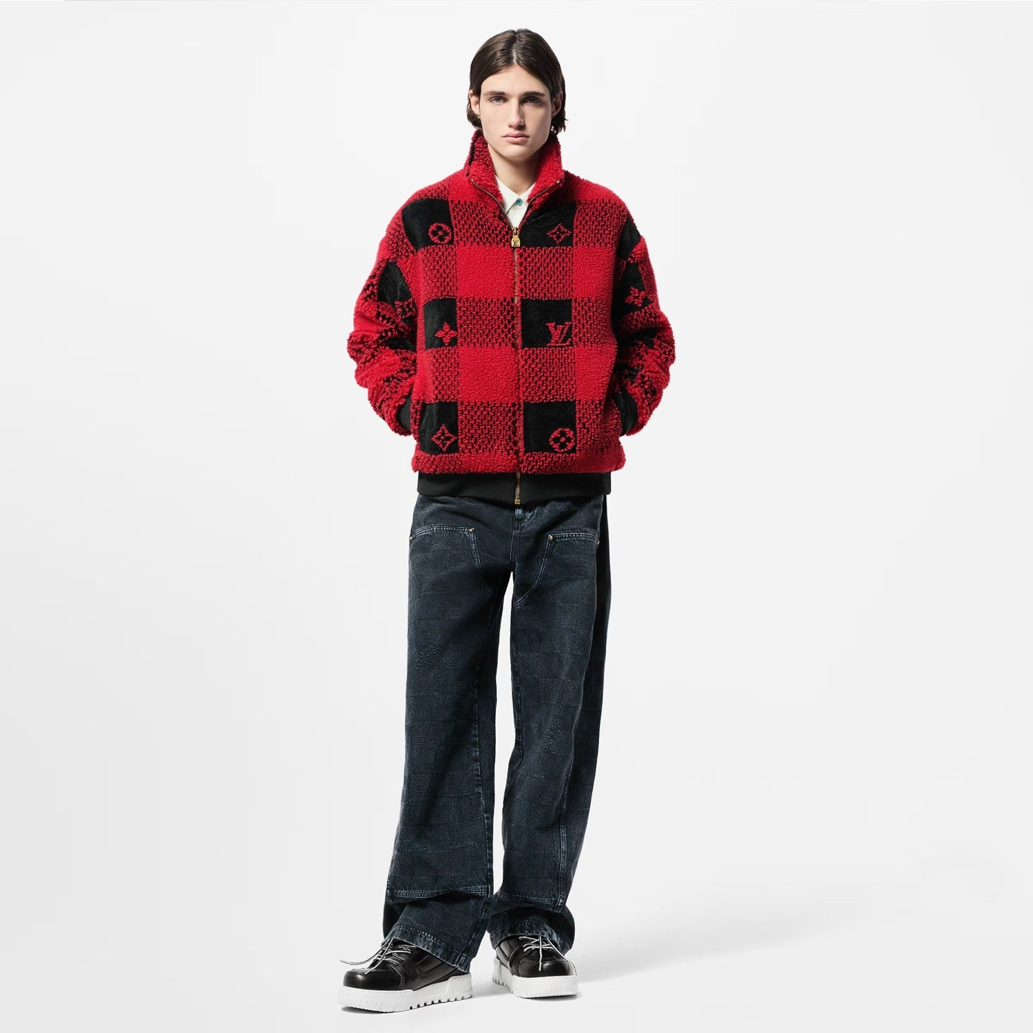 Louis Vuitton Men's Fall And Winter Plaid Lapel Zipper Fitted Damier Suede Drawstring Long Sleeve Waist Jacket #71538