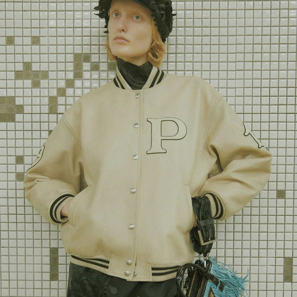 Prada Men's And Women's Fall And Winter Retro Letters High Street Leather Jacket Lapel Single-breasted Jacket Coat Ngvp #9223