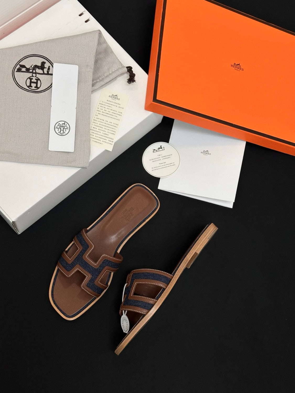 Hermès Denim Patchwork Slippers #385097