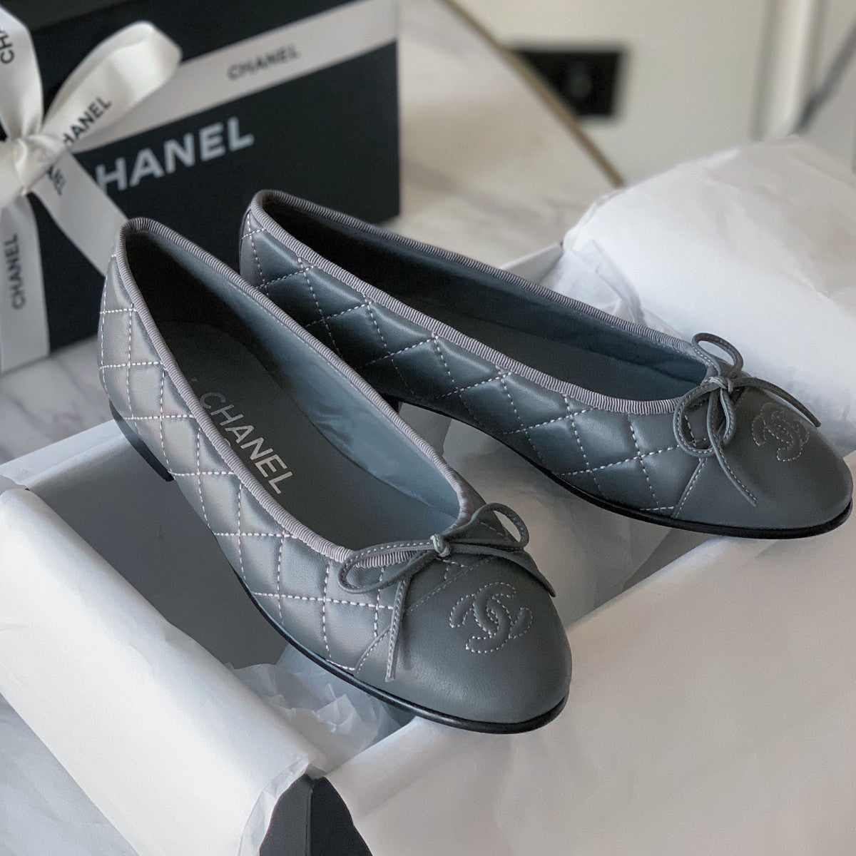 Chanel Women's Spring/Summer Solid Color Diamond Textured Leather Ballet Shoes #77665