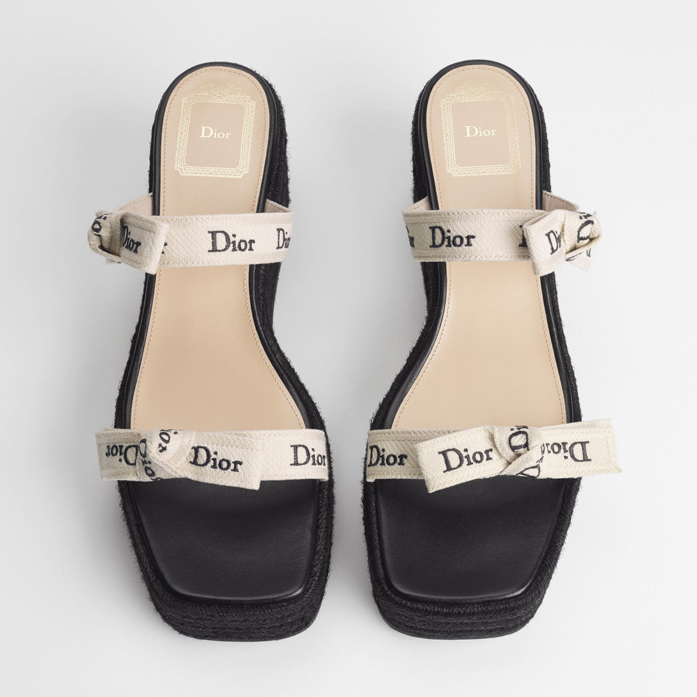 DIOR J Adior Wedge Slide with Straps White Embroidered Cotton and Natural Raffia #386876