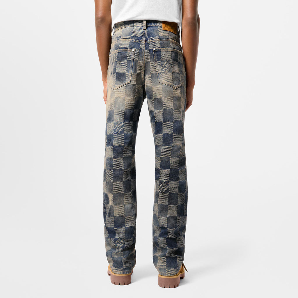 Louis Vuitton Men's Damier Washed Skateboarding Jeans Spring And Autumn Checkerboard Check Vintage Old Denim Trousers Straight Wide-leg Pants #71847
