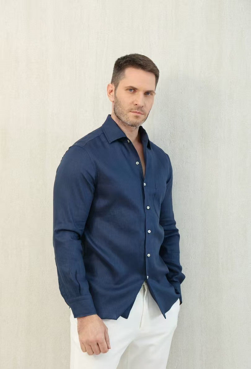 Loro Piana Men's Spring And Summer Solid Color André Shirt Lapel Single-breasted Linen Shirt Ngvp #7962
