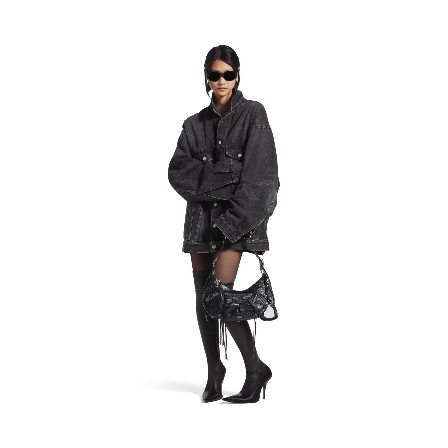 Balenciaga Le Cagole rivet silver buckle fine grain sheep leather half-moon bag crescent bag dumpling bag motorcycle bag armpit bag crossbody bag shoulder bag women's black #332101